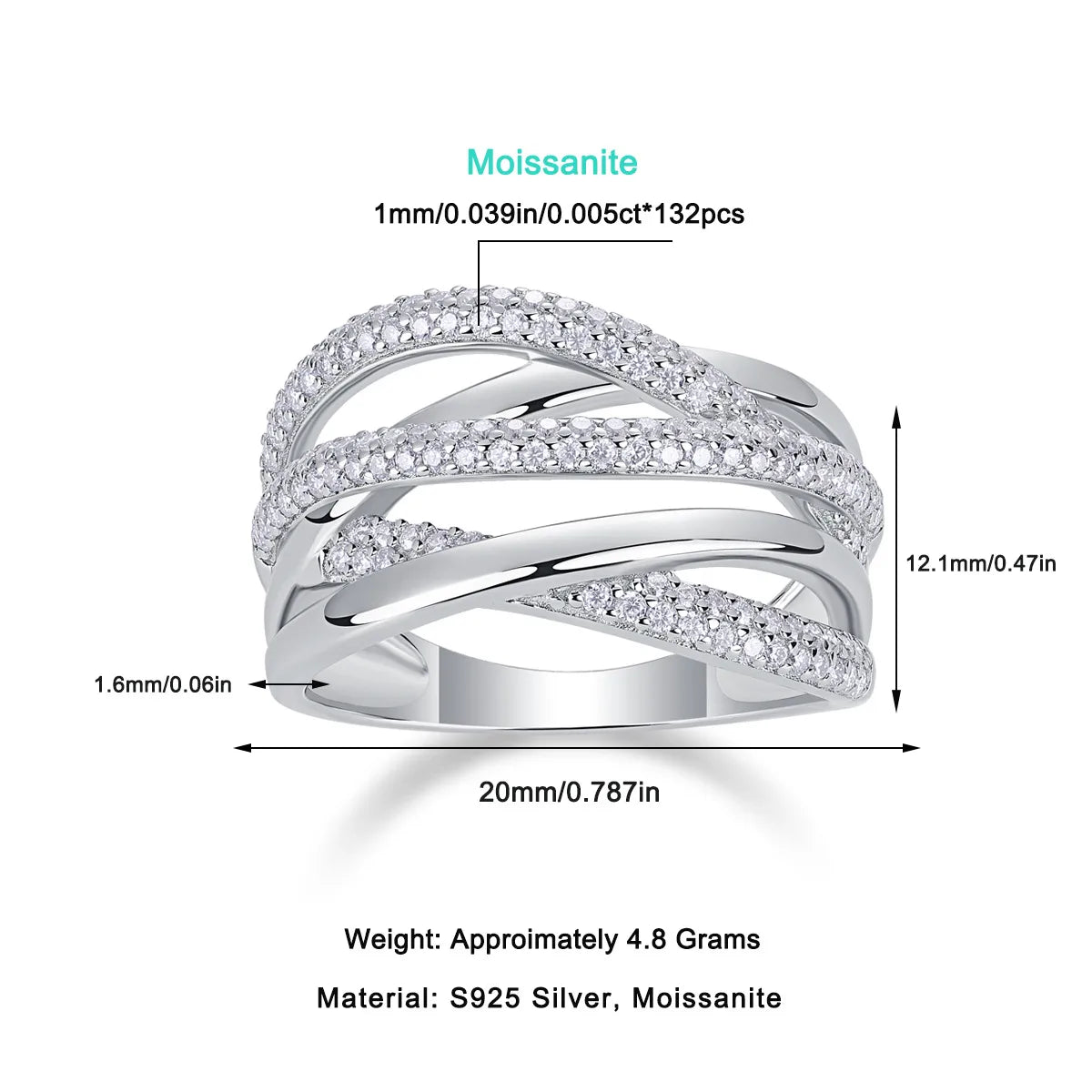 925 Sterling Silver Moissanite Geometric Rings GRA Certificate